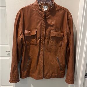 Chico's Camel Brown Genuine Leather Jacket with Stand collar size 3